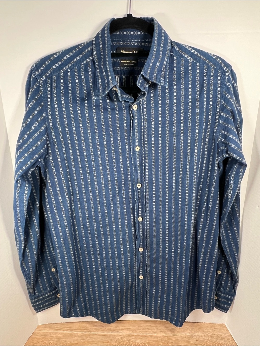 Massimo Dutti Men's Blue Striped Geometric Button-Down Shirt